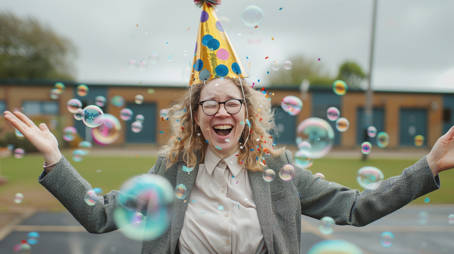 A blonde teacher standing outside a school with a party hat on her head,. Bubbles decorate the foreground.