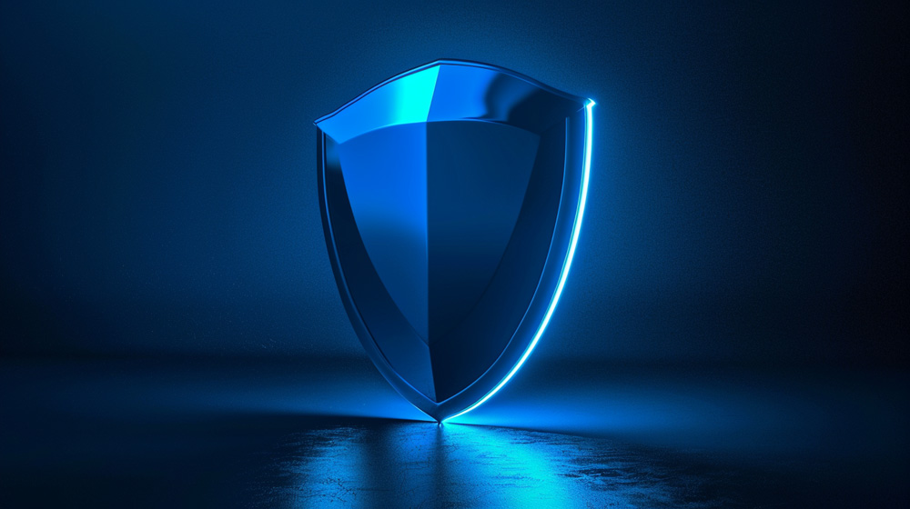 A representation of welfare and safeguarding. A floating blue 3D shield with an LED glow around the rim. The background is shadowy and dark.