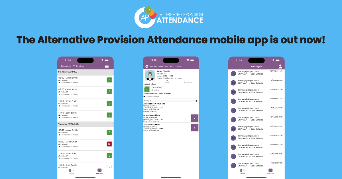 Alternative Provision Attendance banner announcing the release of the mobile app.