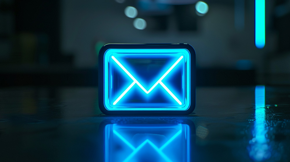 A CGI representation of messaging showing a blue LED envelope.