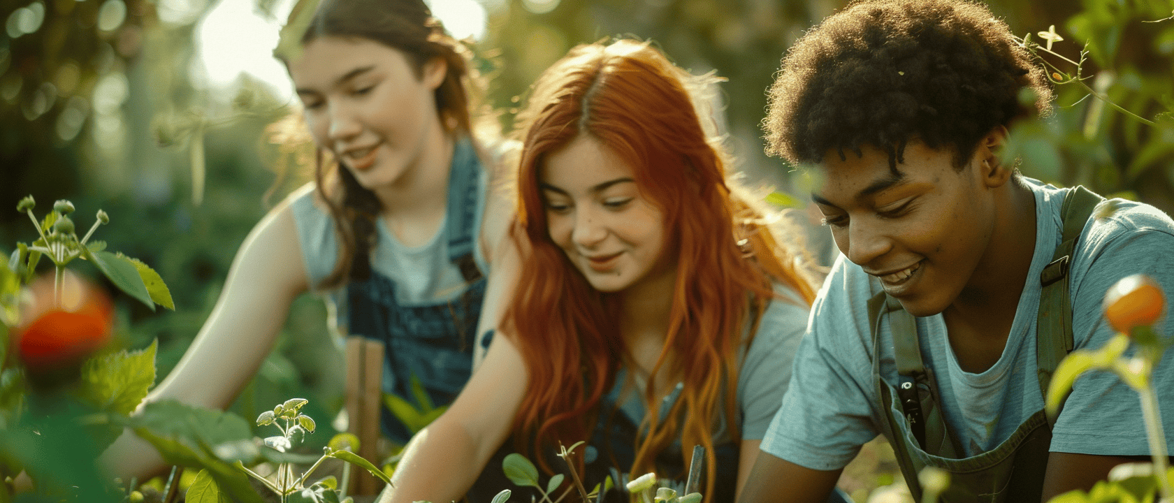 Three pupils of mixed gender and race are attending to some plants in a garden as part of an Alternative Provision provider placement.