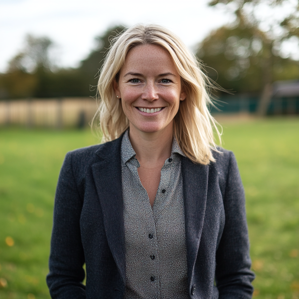 A blonde smiling teacher stood in a field at an Alternative Provision setting.