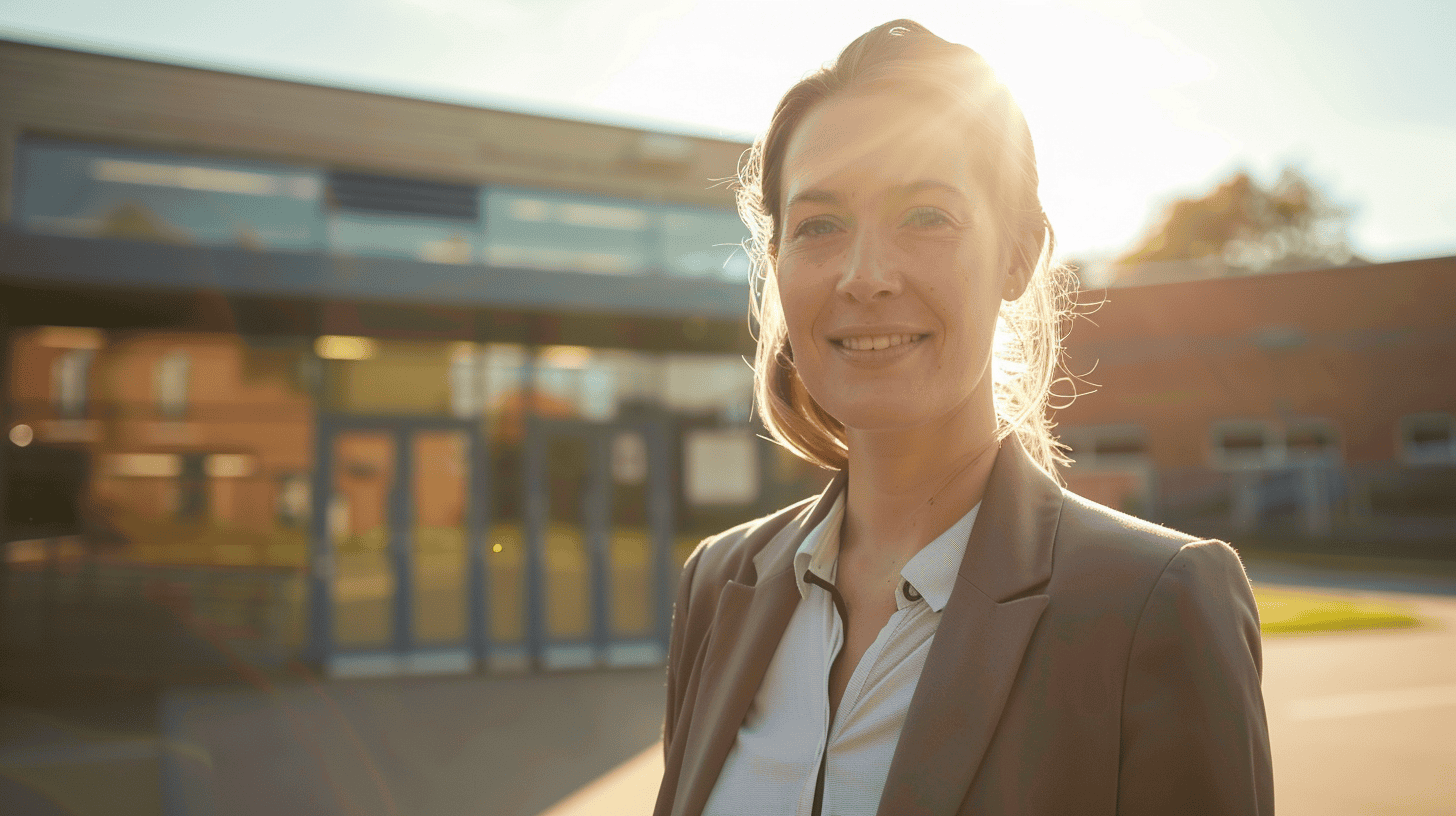 A teacher on a bright summers day, stood outside of an average English school. She is smiling.