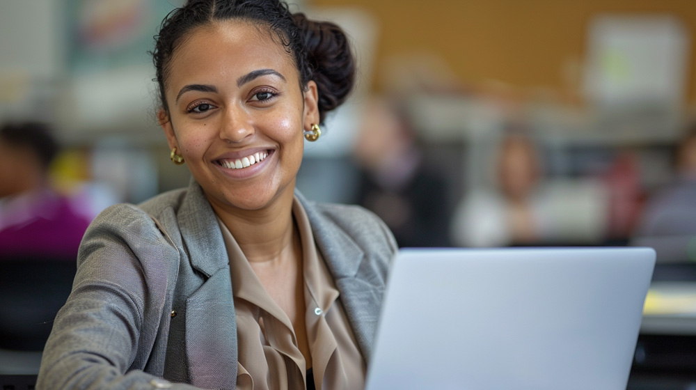 A teacher uses Alternative Provision Attendance on a laptop while smiling.