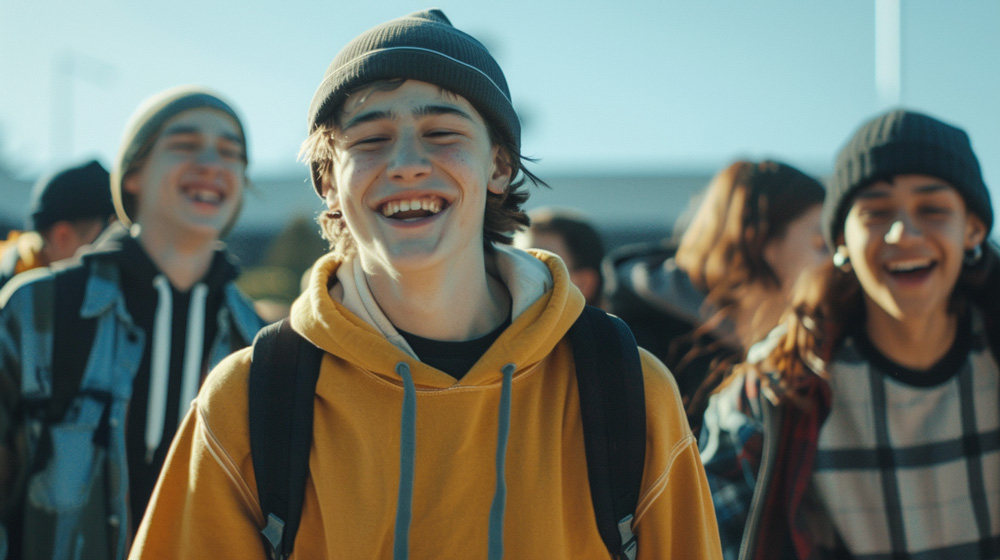 Alternative Provision Students of various genders and ethnicities wearing streetwear and laughing in the bright sunshine.