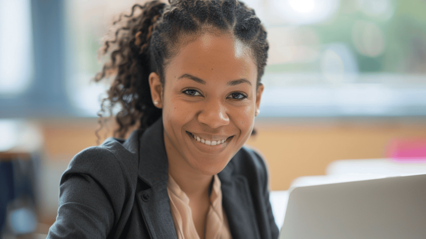 A tutor in a classroom uses a laptop. She's of mixed race and is smiling in a confident manner.