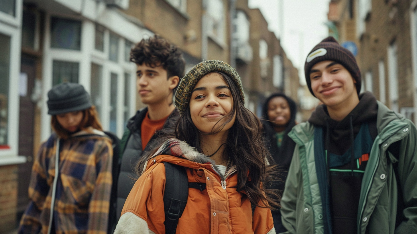 Students of various genders and ethnicities walking down an English street to an Alternative Provision school.