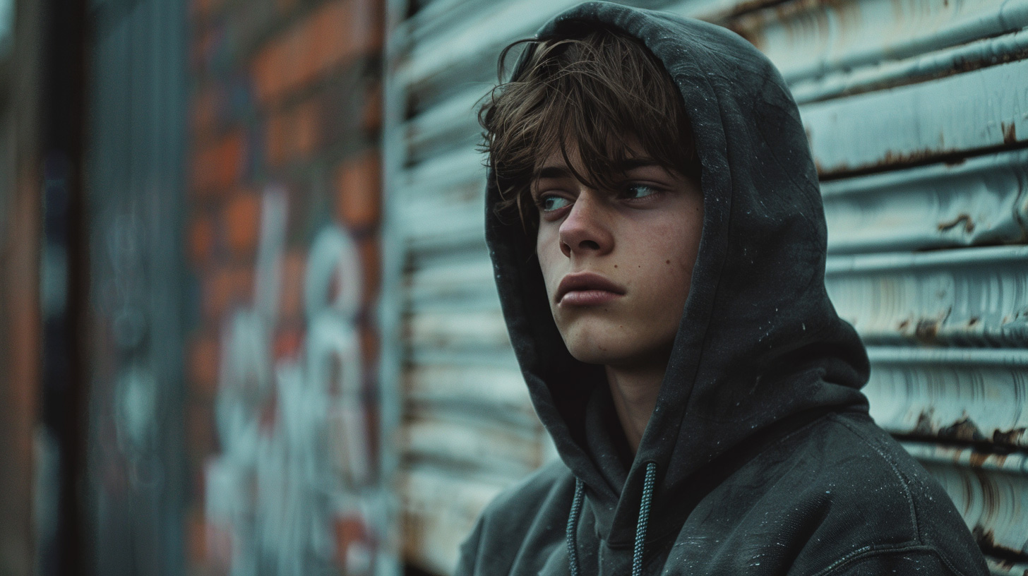 student with his hood up leaning against a closed shutter.