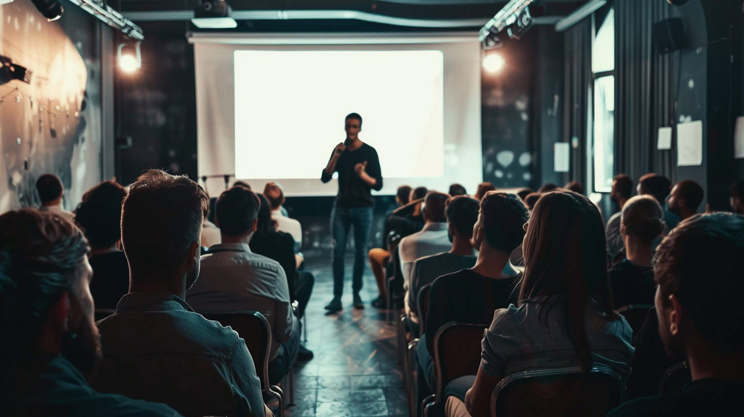 A man standing infront of a projector screen, giving a conference speech to people in the foreground.