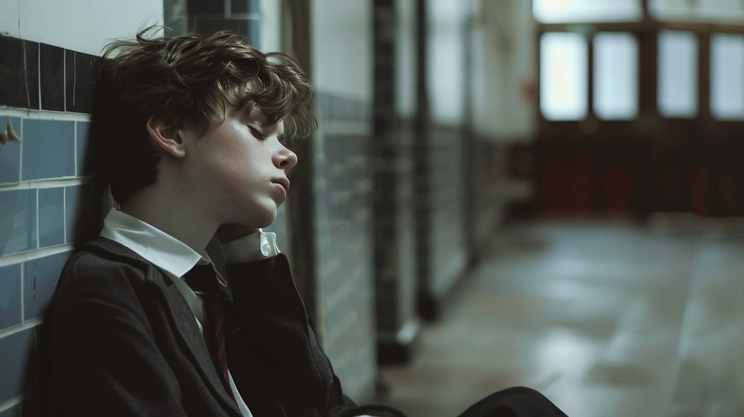 An excluded boy sits in a school corridor.