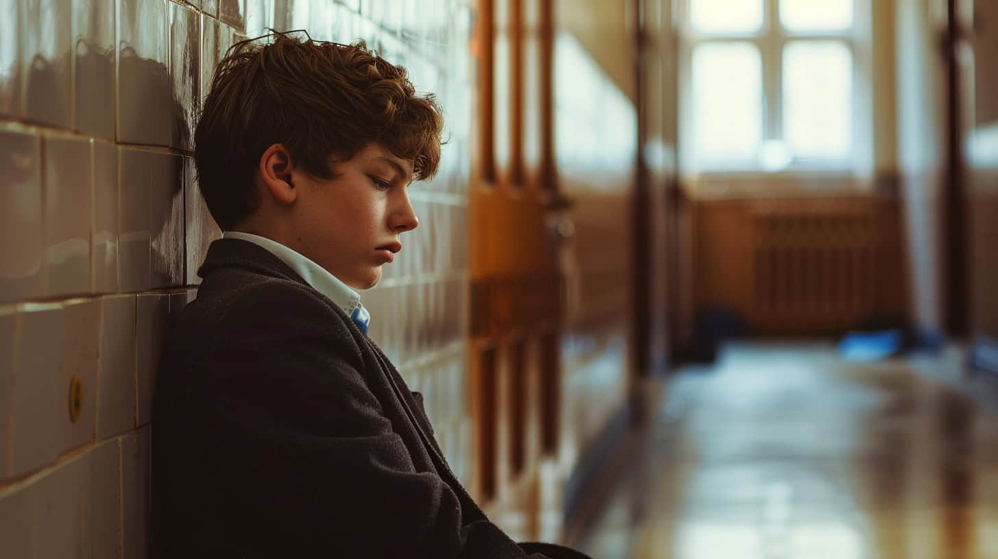 Excluded teenager sits in a corridor.