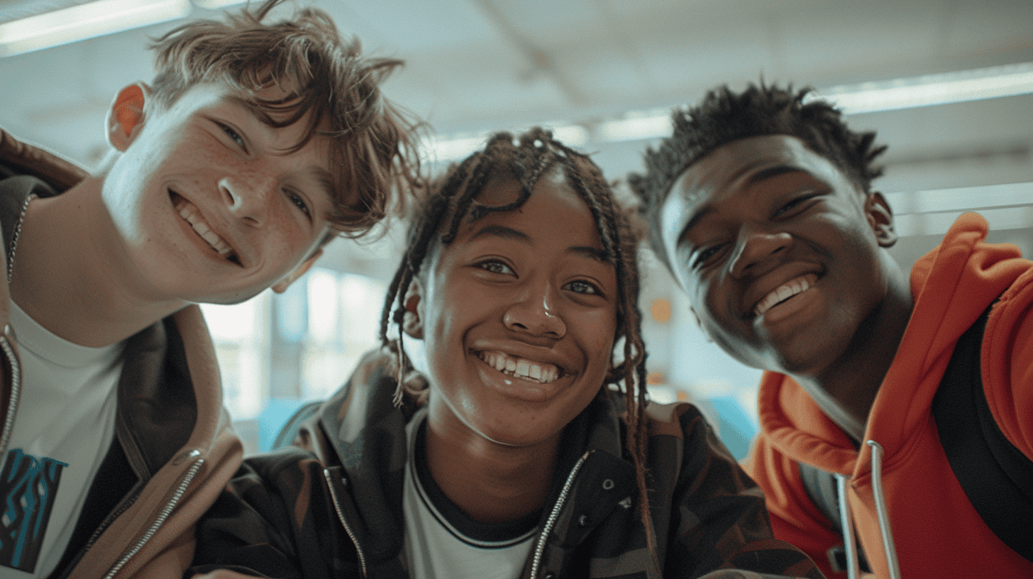 Three smiling young people of various ethnicities and backgrounds in a Pupil Referral Unit (PRU)