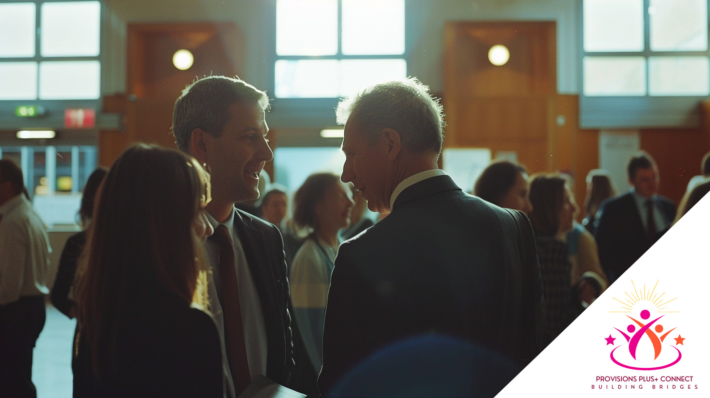 A networking event showing various smartly dressed people milling around chatting. In the corner of the image is the Provisions Plus+ Connect: Building Bridges logo.