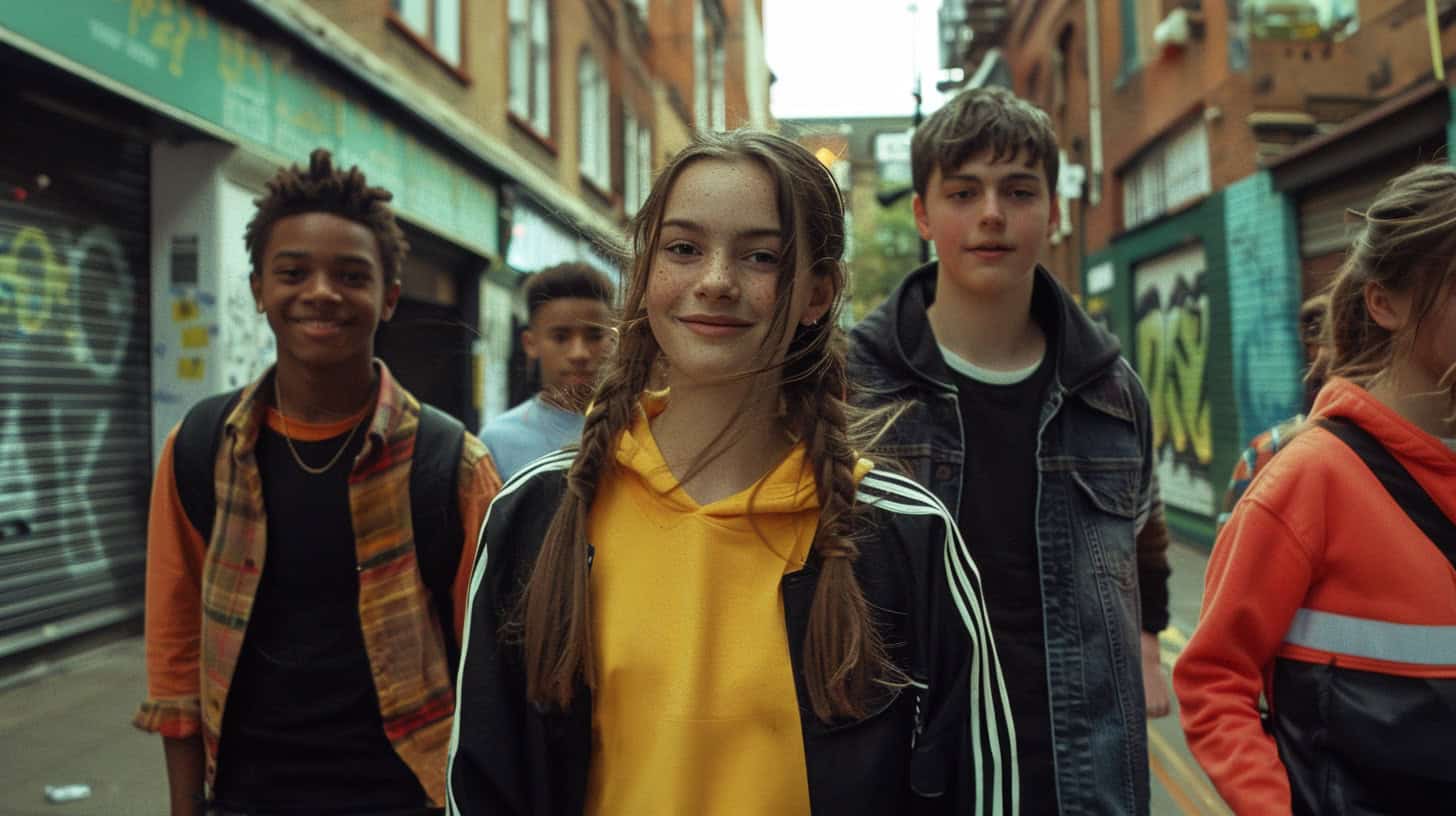 Young people walking down an english street.