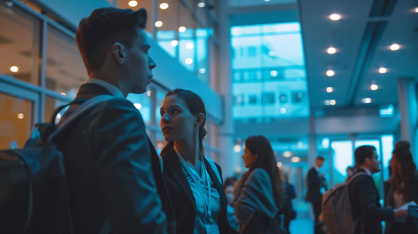 An enducation show conference, it depicts numerous people milling around in a conference hall.