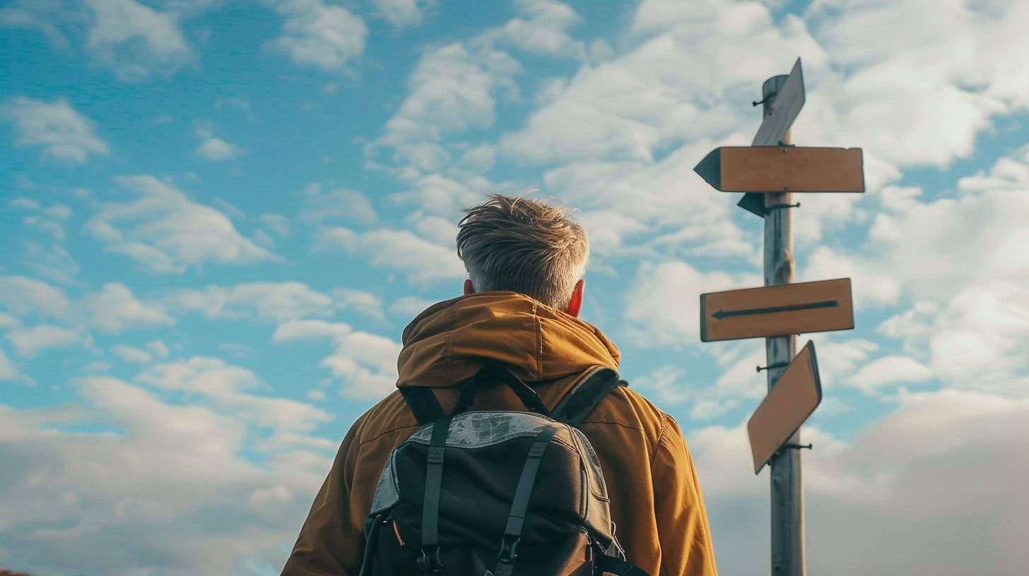 A man in outdoor gear with a backpack looks up at signpost.