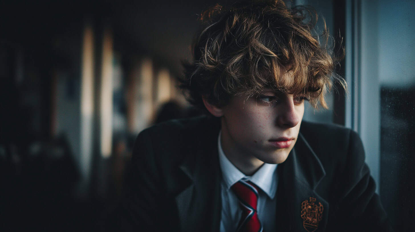 Sad pupil looking out of a raining window.