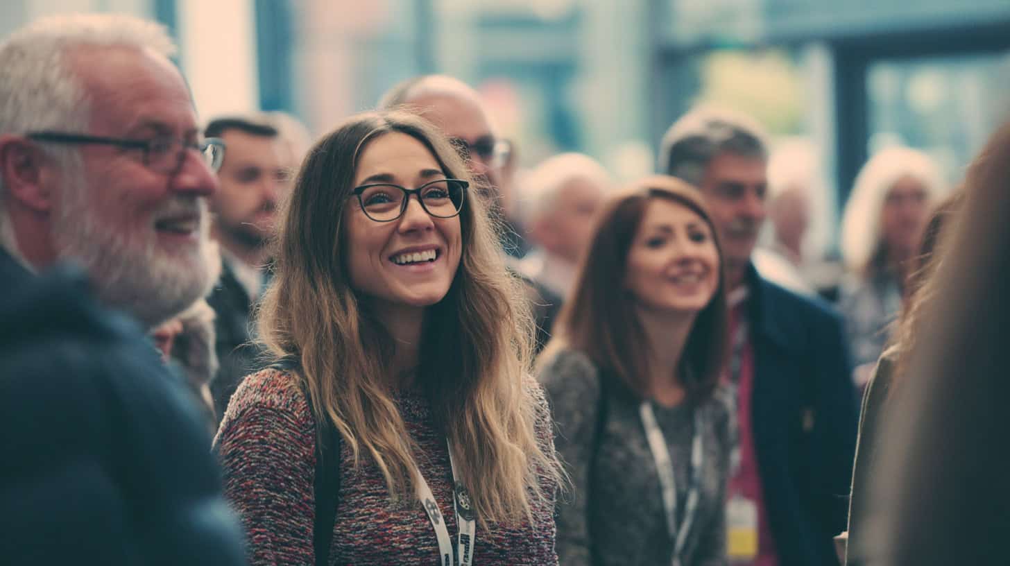 Educators milling around at a conference venue. One woman is in the focal shot and she is smiling.