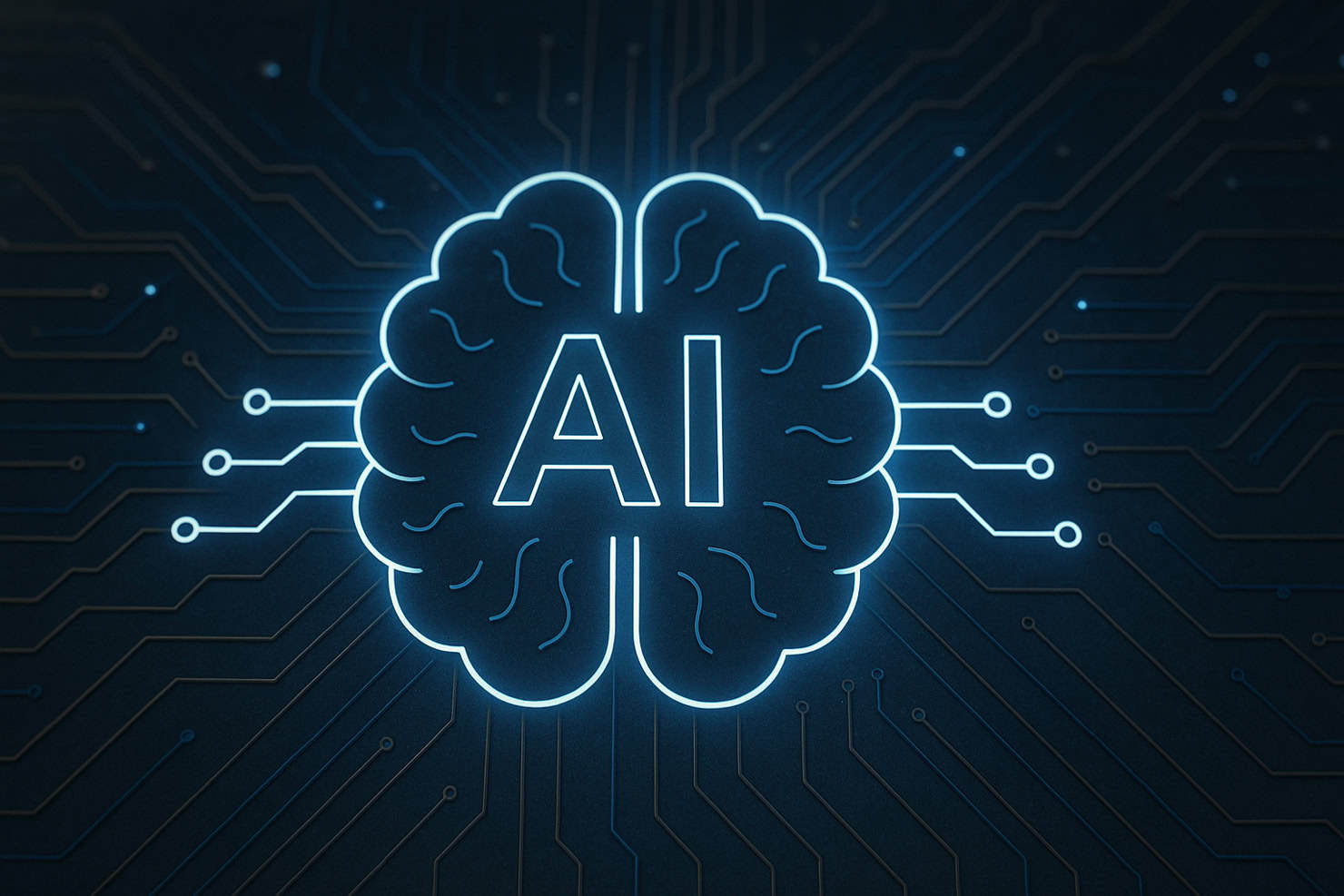 A photo of a glowing blue symbol of a brain with "AI" in the middle of it. It's connected to a circuitboard.