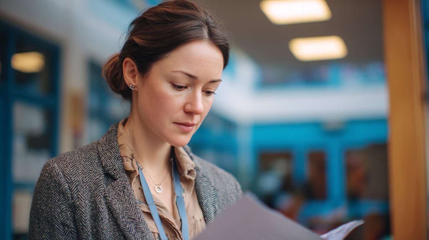 A teacher looks concerned while reading a data report.