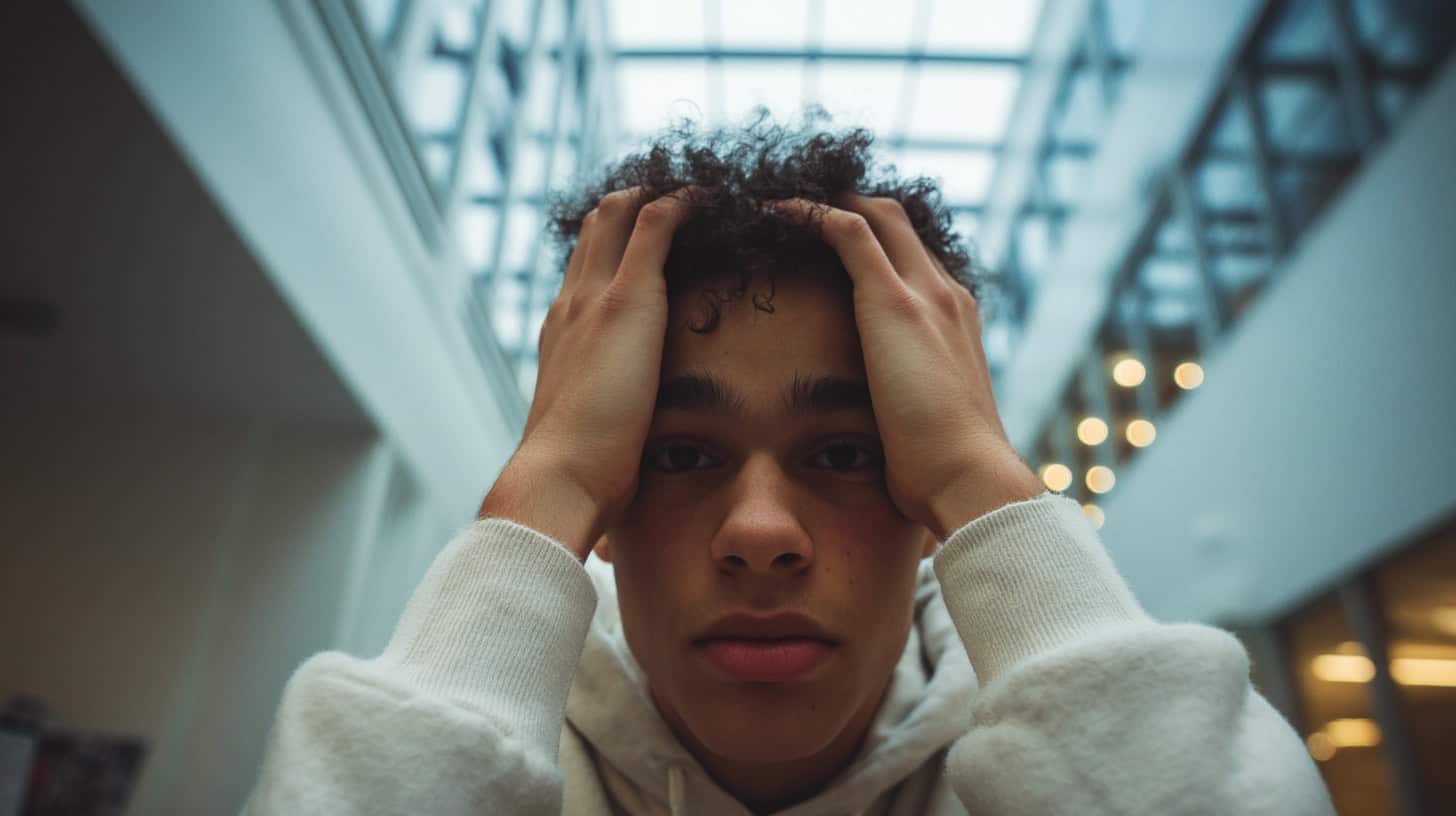 A teenager holds his head in his hands.