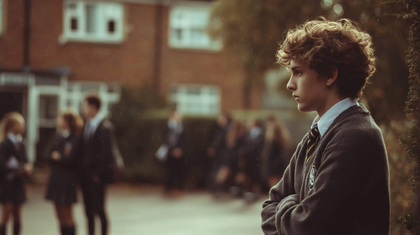 A teenager in school uniform stands with his arms crossed, looking melancholic.
