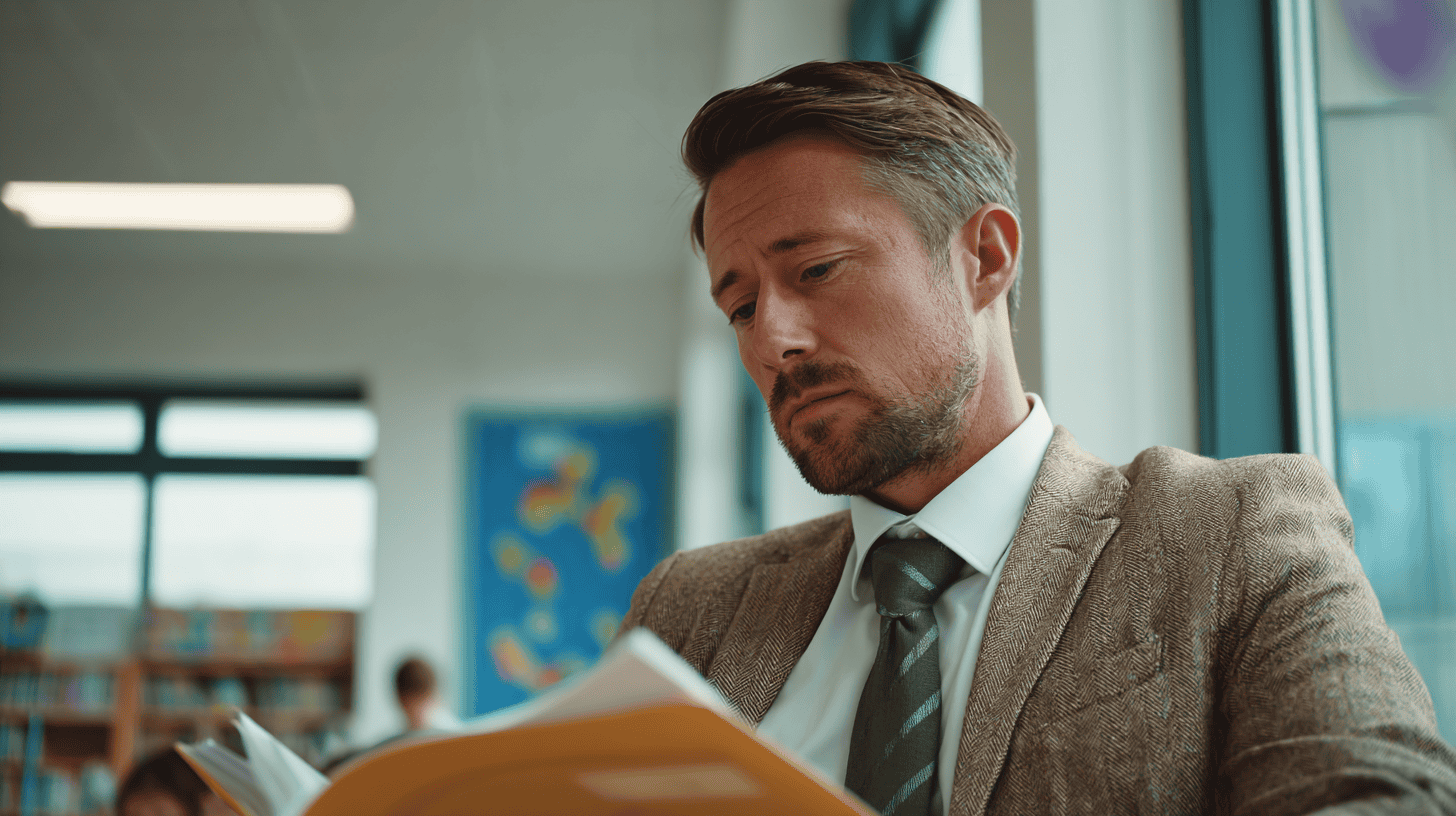 A male teacher looks concerned while reading a report.