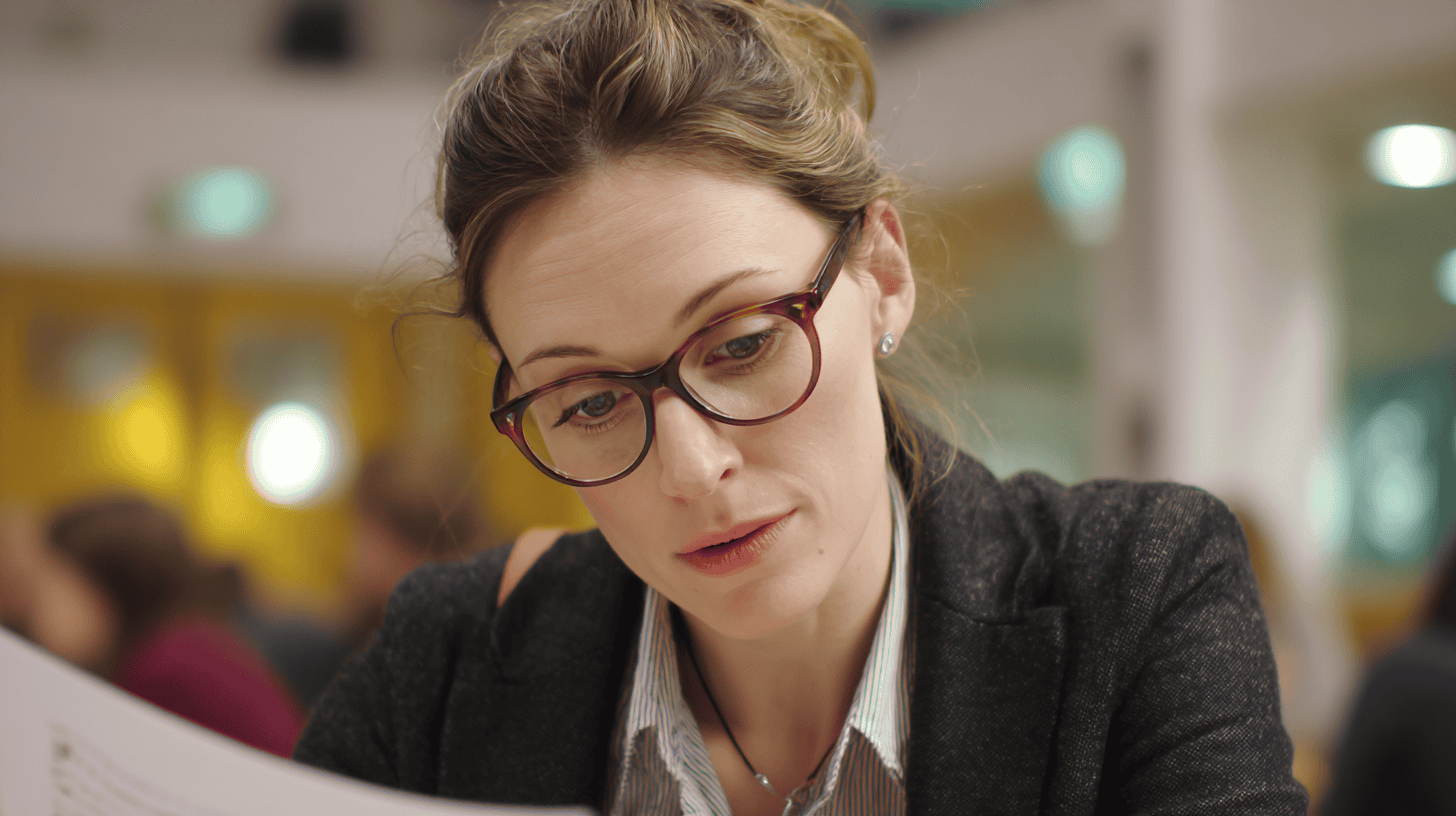 Teacher reading a report.