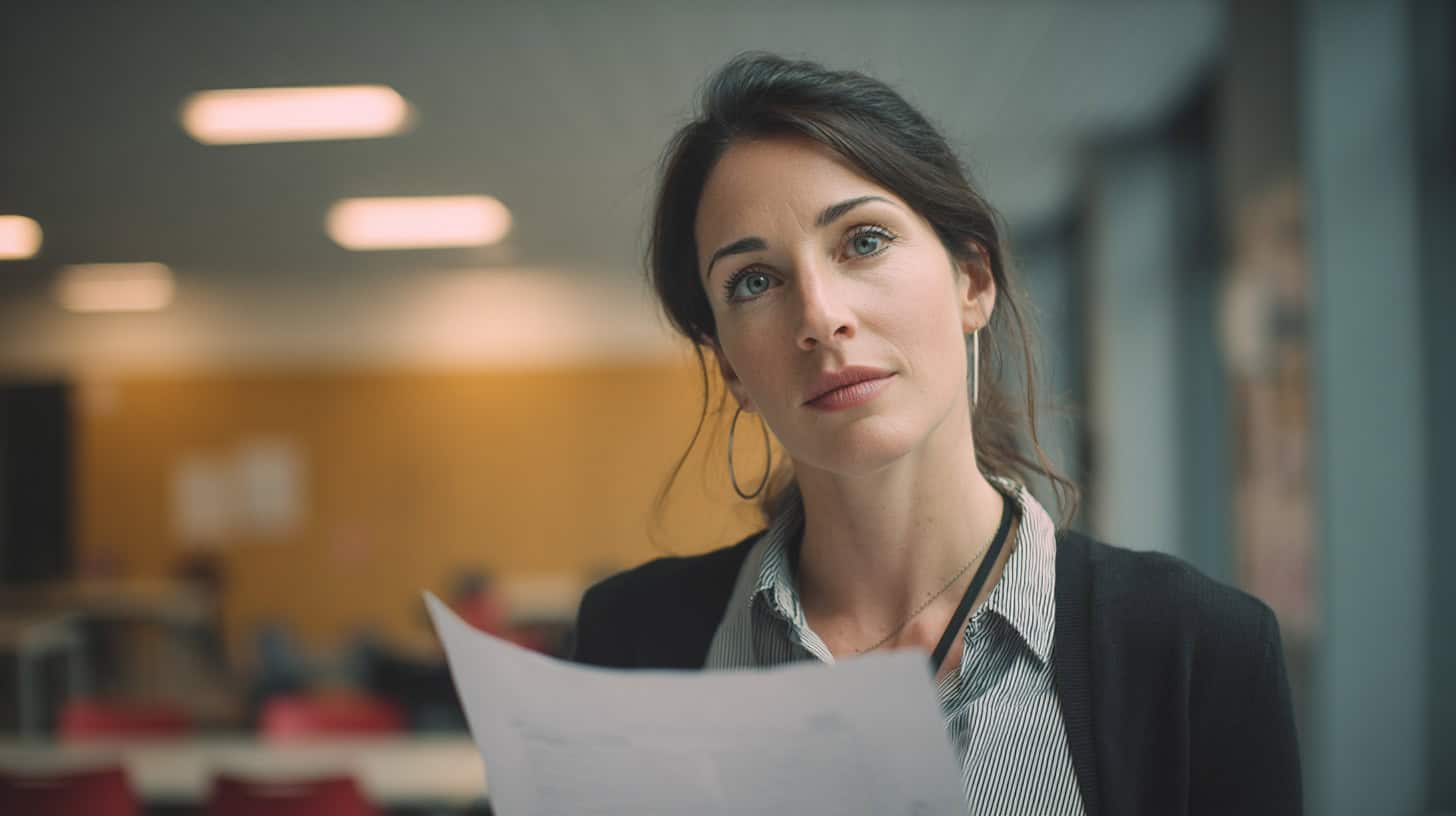 A teacher in contemplation after reading data from a report.