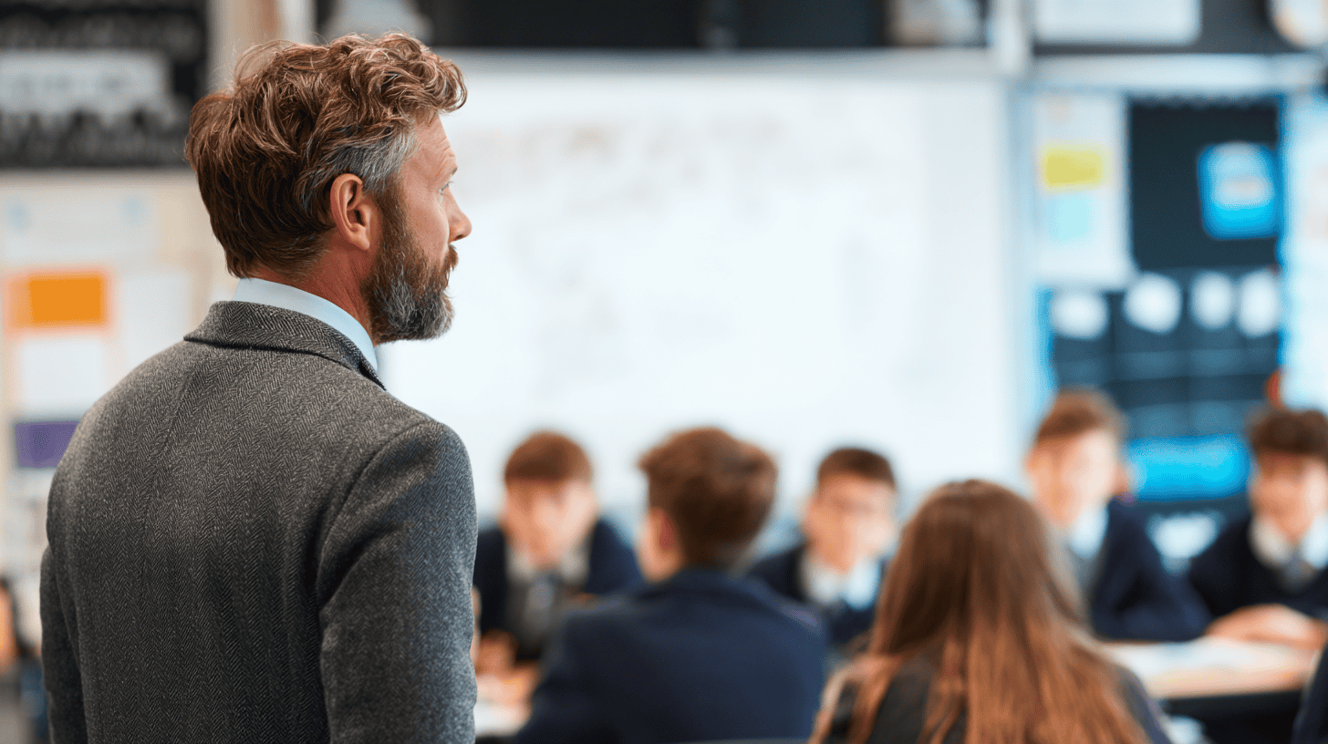 A male teacher observes his pupils working.