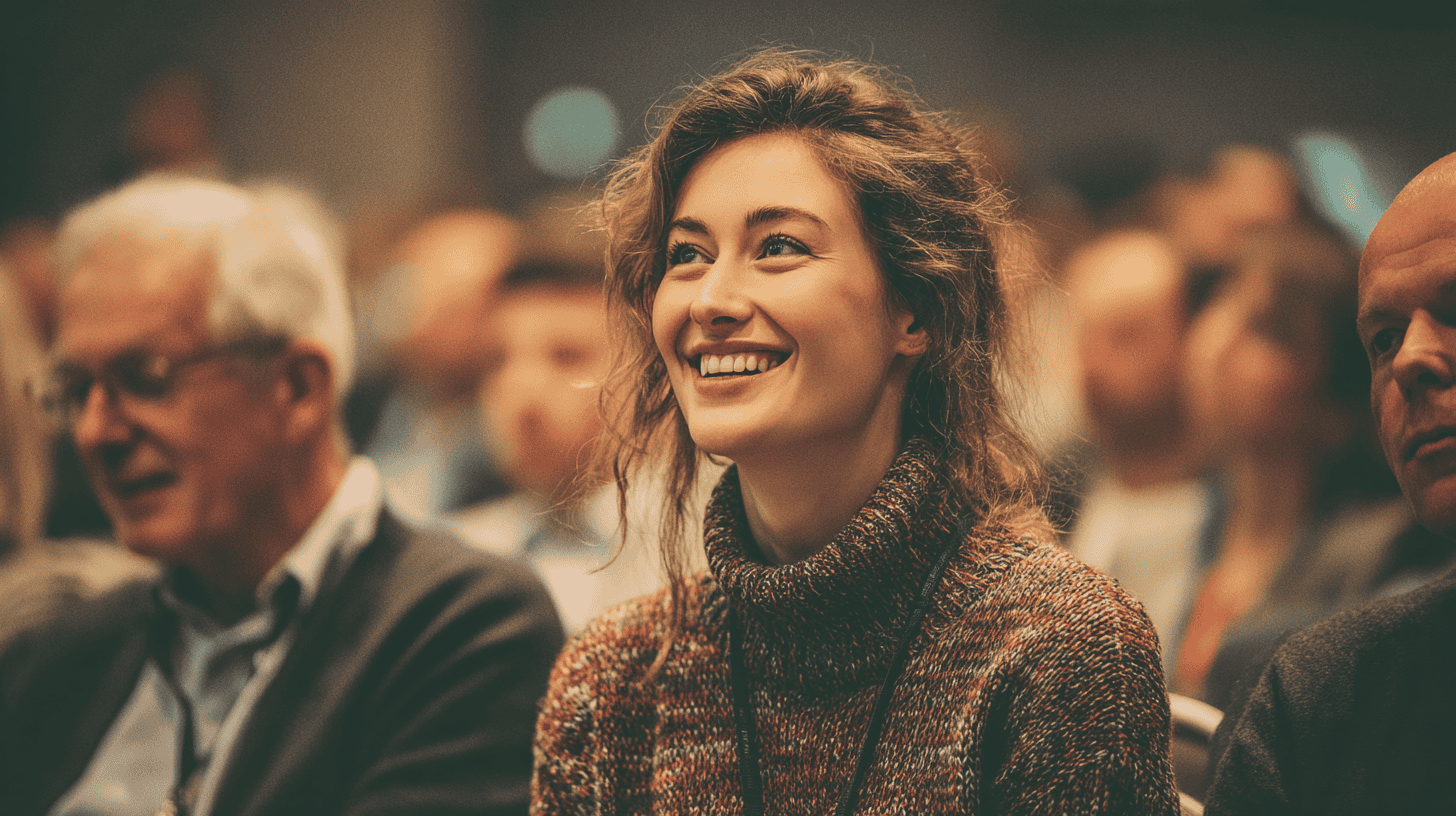 A conference attendee, smiling in a conference hall.