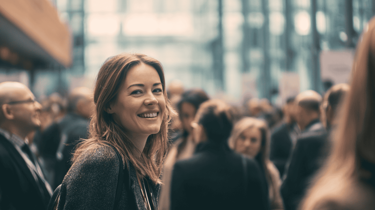 Education Conference Attendees 2026 A person in the education sector smiles at the viewer in an atrium of an education conference 2026.