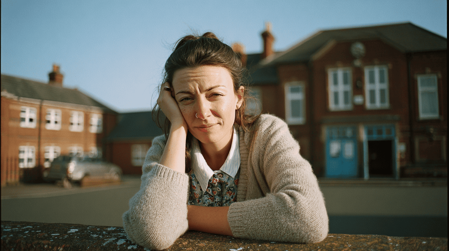 A frustrated teacher infront of a school.