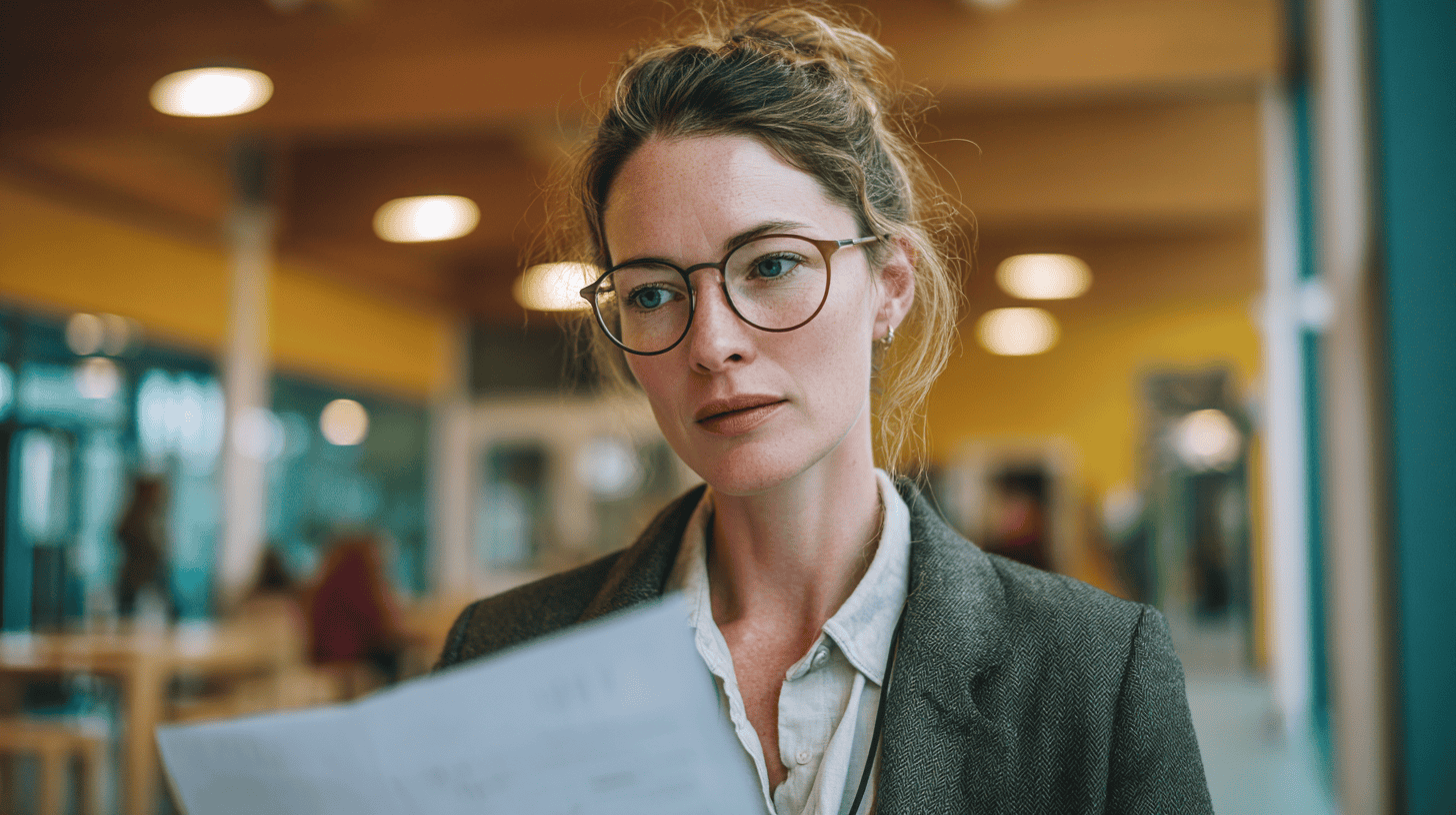 woman-teacher-reading-an-attendance-report Teacher reading an attendance report