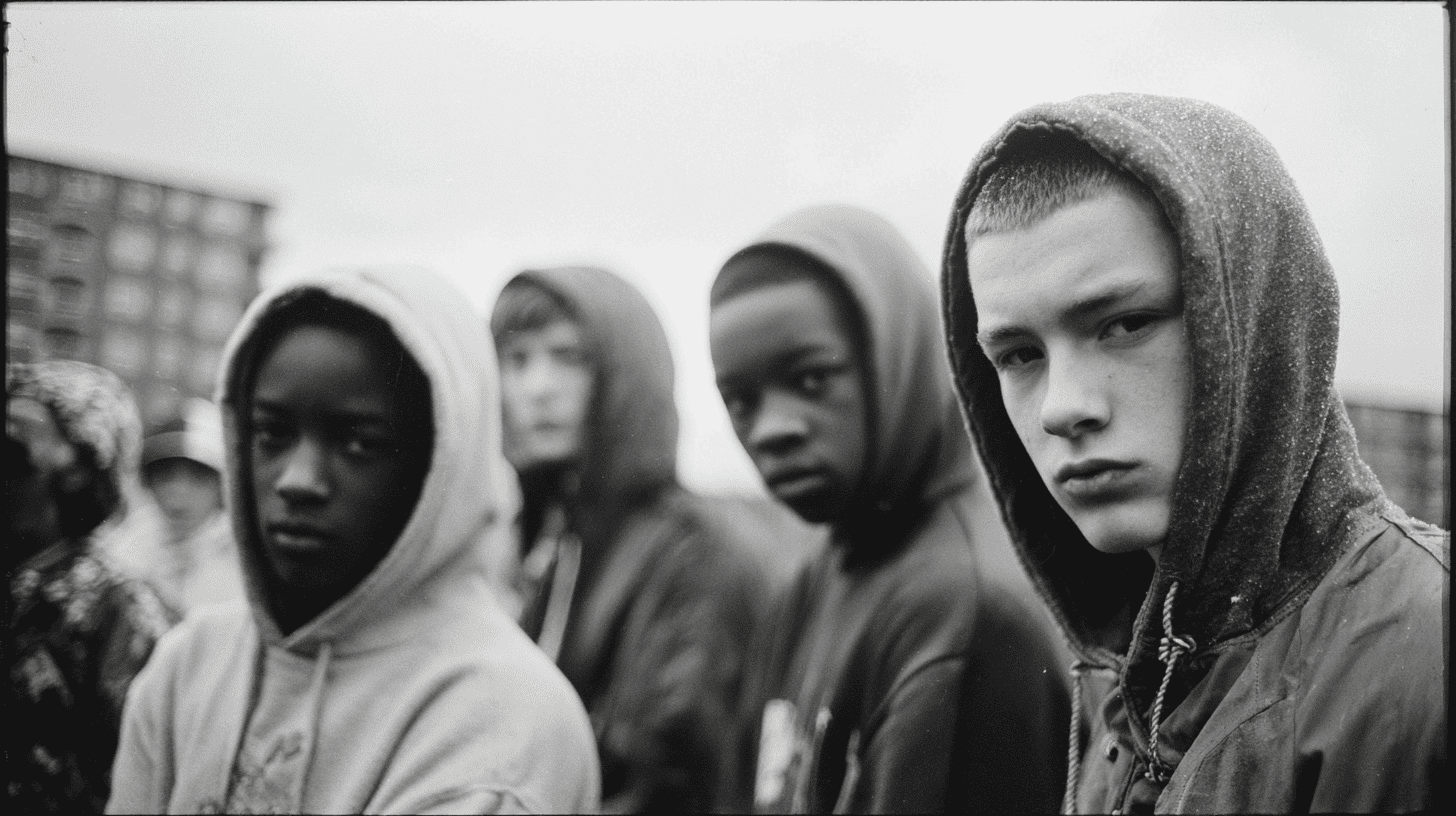 Hooded teenagers hanging around.